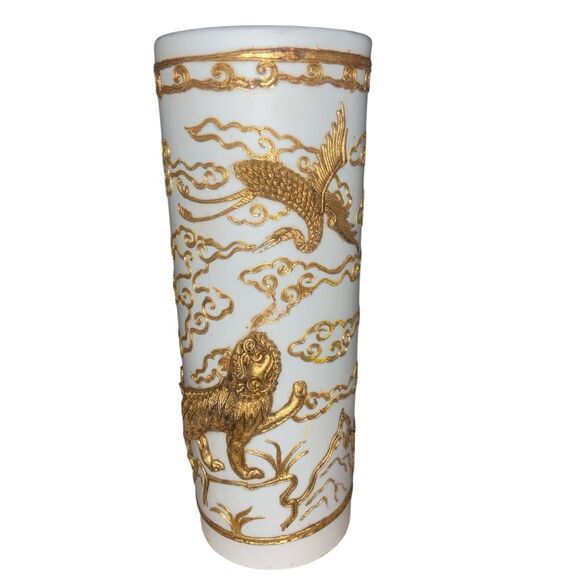 Chinese Blanc de Chine Vase with Gold Filigree Foo Dog & Phoenix Motif - Picture 2 of 4